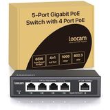 Loocam 5-poorts Gigabit PoE-switch, 4 PoE+ poorten met 1 uplink Gigabit poort, 1000 Mbps onbeheerde ethernetswitch voor 65 W, IEEE802.3af/at, metalen behuizing, tafel- of wandmontage, plug & play