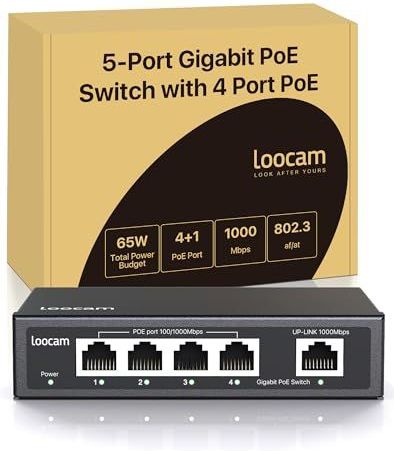 Loocam 5-poorts Gigabit PoE-switch, 4 PoE+ poorten met 1 uplink Gigabit poort, 1000 Mbps onbeheerde ethernetswitch voor 65 W, IEEE802.3af/at, metalen behuizing, tafel- of wandmontage, plug & play