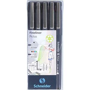 Schneider Pictus Fineliner (lijndiktes: 0,2 en 0,5 mm, onuitwisbare pigmentliner, metalen punt, behuizing van 85% gerecycled kunststof) op kleur gesorteerd, etui van 5 stuks