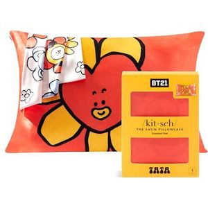 Kitsch x BT21 satijnen queen-kussensloop met ritssluiting voor haar en huid, zachter dan zijde, machinewasbaar, kreukvrij, verkoelende, satijnen kussenslopen, standaardformaat 48 x 66 cm (Tata)