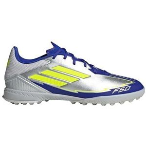 adidas Uniseks-Volwassen F50 LEAGUE Football boots Turf, Silver Metallic/Solar Yellow/Lucid Blue, 45 1/3 EU