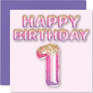 1e verjaardagskaart voor meisjes - roze en paarse glitterballonnen - gelukkige verjaardagskaarten voor 1 jaar oud meisje dochter zus kleindochter neef, 145 mm x 145 mm één eerste verjaardag
