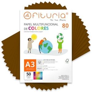 Kleurpapier, verpakking met 50 vellen A3, 80 g, kleurrijk papier voor knutselwerk, printer, scrapbooking, ideaal voor Origami, Papyroflexia, kantoor en school (bruin, 50 uur)