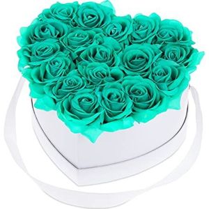 Relaxdays Rozenbox hart, 18 rozen, stabiele bloemenbox wit, 10 jaar houdbaar, cadeau-idee, decoratieve bloemenbox, turquoise, papier