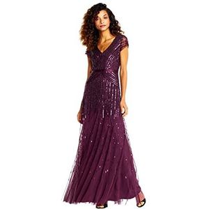 Adrianna Papell Women's Long Beaded V-Neck Dress with Cap Sleeves and Waistband, Cassis, 4