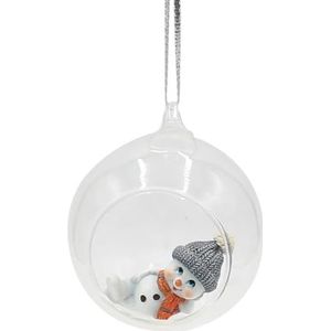 Glazen bol met hanger - sneeuwpop met muts en sjaal in grijs en oranje, L/B/H 8 x 7 x 8,5 cm