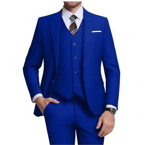 Holivyer Heren 3-delige slim fit pak set, twee knopen blazer solide jas vest broek bruiloft pak, Koningsblauw, XL