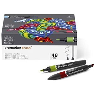 Winsor & Newton 0290080 Promarker Brush voor tekeningen, kalligrafie, ontwerp en lay-outs, streeploos tekenen met beitel- en penseelpunt - Set 48 Brushmarker, Essentails set 48