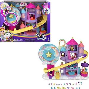 Polly Pocket Rainbow Lunapark Playset met 3 carrousels, 7 speelgebieden, 2 Micro Polly en Shani, 2 eenhoorns en 25 verrassingen, speelgoed voor kinderen van 4 jaar, GYK44