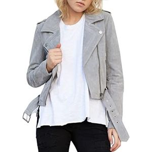 [BLANKNYC] Dames luxe kleding bijgesneden suède lederen motorfiets jassen, comfortabele en stijlvolle jassen, Cloud Grijs, XS
