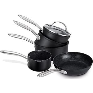 Prestige Pannenpan Set Non Stick - 5-delige inductiekookplaat Pan Set Zwart met 16 cm, 18 cm & 20 cm steelpannen met deksels, 29 cm niet-stick koekenpan & melkpan, 10 jaar garantie