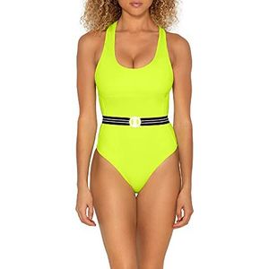 Smart & Sexy Women's Standard Racerback One Piece Swimsuit, Neon Yellow with Stripe Belt, XL