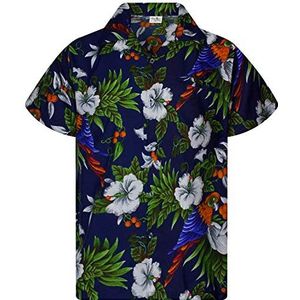 King Kameha Funky Hawaïhemd voor kinderen, jongens en meisjes, korte mouwen, borstzakje, Hawaii-print, uniseks, kersenbloesem, papegaai-patroon, Kids Cherryparrood marineblauw, 12 Jaar