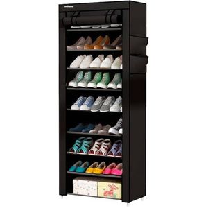 edihome, Stoffen schoenenrek, 9 niveaus, smal en hoog, (58 x 28 x 162 cm) met buitenhoes, met ritssluiting, voor schoenen, hoge hakken (zwart)