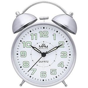 MPM Quality Cooper Colour Alarm Clock, Retro analoge wekker, lichtgevende cijfers, dubbel alarm, zonder tikken, vintage, kwarts uurwerk, nachtlichtfunctie, C01.3855.72, zilver, small/normaal