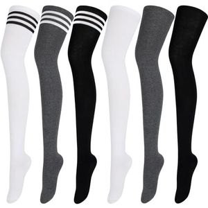 ANECO 6 paar over knie dijen sokken kniehoge warme kous vrouwen boot sok beenwarmer hoge sokken voor dagelijks gebruik, cosplay, Zwarte, Witte, Donkergrijze Streepkleuren, Zuivere Kleuren,