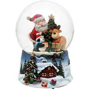 Dekohelden24 Sneeuwbol Santa met rendier en pinguïn blauwe sokkel met Kerstmis winterlandschap en speelwerk, melodie: White Christmas