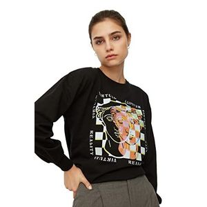 Trendyol Dames Zwart Bedrukt Oversize Gebreide Slim Sweatshirt, S