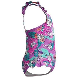 Speedo Leren zwemmen voor meisjes met print Frill Thinstrap Badpak | Chloorbestendig | Sneldrogend badpak, Neon Violet, 6-9 m