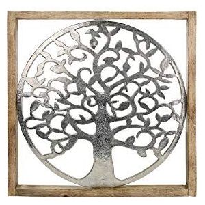 GILDE Decoratieve afbeelding XXL levensboom - levensboom aluminium - met houten lijst 60 x 60 cm - wanddecoratie woonkamer - kleuren: zilver bruin