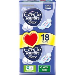 EveryDay Sensitive Cotton Ultraabsorberend vermogen, lang met vleugels, filter met katoen, 18 stuks