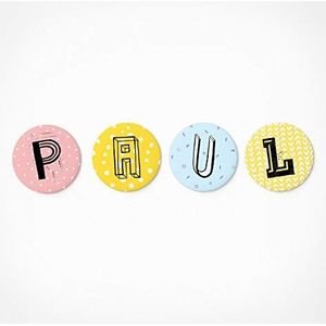 PICKMOTION Paul Magneetletterset, 4 magneten, cadeaus met naam, voor magneetbord, decoratie, als koelkastmagneten, diameter 3,2 cm, voor kinderen vanaf 3 jaar, lettermagneten