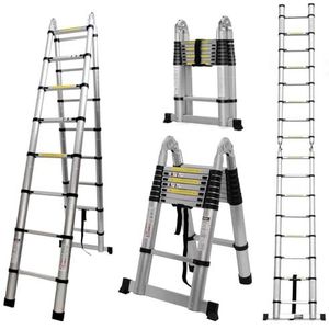 Telescopische ladder van aluminium, 5 m, telescopische ladder, inklapbare trapladder, 16 treden, max. draagvermogen 150 kg (2,5 m + 2,5 m)