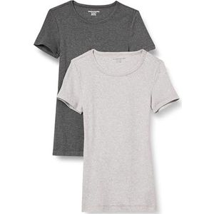Amazon Essentials Women's T-shirt met korte mouwen en ronde hals in slanke pasvorm, Pack of 2, Houtskoolzwart/Lichtgrijs, M