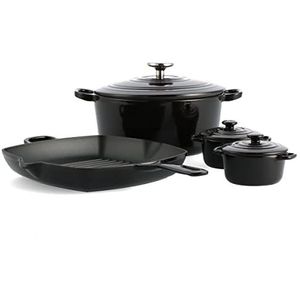 BK Cookware 7-delig Duits Geëmailleerd Gietijzeren Anti-aanbak Kookgerei Set, Gietijzer met Deksel, Grillpan, Mini Gietijzer met Deksel, Dutch Oven, Inductie, Oven, Vaatwasser, PFAS-Vrij, Zwart