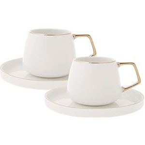 KARACA Saturn Turkse koffiekopjes, espressokopjes, set van 2 stuks, set van 2 stuks, 3 oz espressokopjes, kleine espressokoppen en schotels, set van 2 Demitasse-bekers met gouden handvat op wit porselein