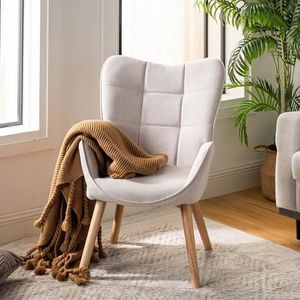 FurnitureR Relaxfauteuils, beige stof met hoge ergonomische rugleuning en poten van beukenhout, hoogte 45 cm, casual leesstoel voor slaapkamer, balkon en tuin, 61 x 72 x 88 cm