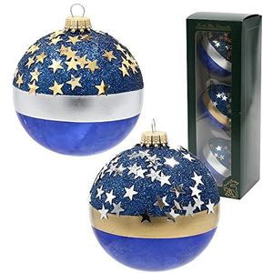 Dekohelden24 Lauschaer Kerstboomversiering - set van 3 glazen ballen in kobaltblauw, tweekleurig, mondgeblazen en met de hand gedecoreerd met sterren, met gouden kroontjes, diameter ca. 8 cm