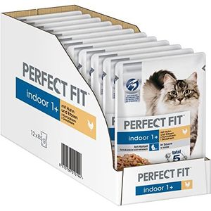 Perfect Fit Indoor 1+ – natte voeding voor volwassenen huiskatten vanaf 1 jaar – kip en erwten in sauzen – ondersteunt de vitaliteit – 12 x 85 g