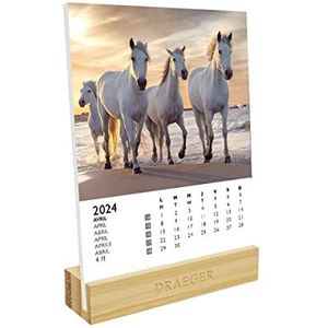 DRAEGER PARIS | Kalender op sokkel paarden 2024 | 12 x 16,5 cm | jaar 2024 | 7 talen | maandkalender | bamboe sokkel | FSC®-gecertificeerd papier | plantaardige inkt
