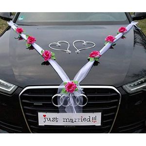 Organza M + hart bruidspaar roos decoratie autoversiering bruiloft auto auto bruiloft deco Ratan slinger ®Auto-schmuck PKW (Violet/Wit)