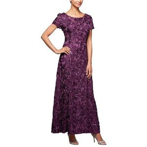 Alex Evenings Women's Long Rosette Mother of The Bride Dress with Short Sleeves, Wedding Guest Regular Sizes, Eggplant, 14 Petite