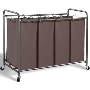 STORAGE MANIAC 4 secties wassorteerder, 4 zakken wasmand kar met zware rollende vergrendelbare wielen en verwijderbare zakken, bruin