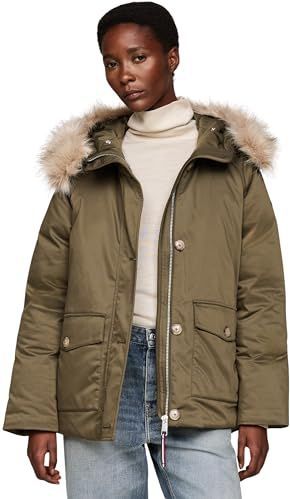 Tommy Hilfiger Dames gewatteerde parka met bont WW0WW42744, parka jas, kaki, L, Khaki (Legergroen), L