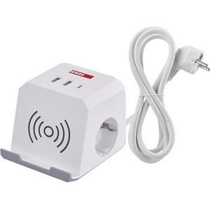 EMOS Stekkerdoos met USB en QI laadstation, 2 x geaarde stopcontacten, 2 x USB-A-poort, 1 x USB-C poort, 1 x Qi-laadstation met mobiele telefoonstandaard, 2 m kabel, verhoogde aanraakbeveiliging