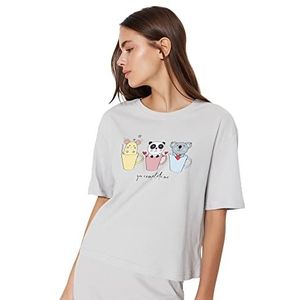 Trendyol Dames slogan gebreide T-shirt-broek pyjama set, lichtgrijs, M, Lichtgrijs, M