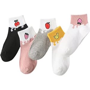 Colorblock Fruit Sokken - Dames Klassieke Kleurrijke Katoenen Sokken - 5 paar - Roze Grijs Wit Zwart - Dames Sokken