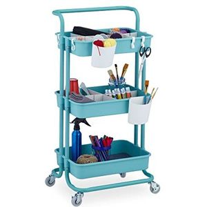 Relaxdays opbergtrolley, 3 etages, 2 remmen, trolley voor keuken, HBD 86 x 43 x 42 cm, metaal & kunststof, turquoise