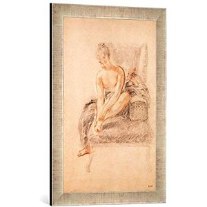 Ingelijste afbeelding van Jean Antoine Watteau Semi-Nude Woman Seated on a Chaise Longue, Holding her Foot, Art Print in hoogwaardige handgemaakte fotolijsten, 40x60 cm, Silver Raya