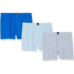 Nautica Heren Katoen Geweven 3 Pack Boxer Shorts, Noon Blauw/Spinner Blauw/Haai Print Pauw Medium