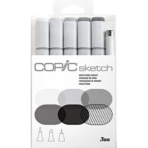 COPIC Sketch Marker Set ""Sketching Grays"" met 6 kleuren, professionele penseelstiften op alcoholbasis met een flexibele en een medium brede punt.