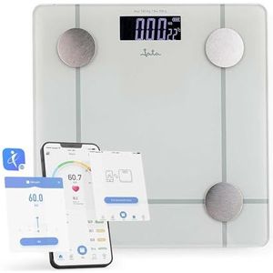 JATA HOGAR HBAS1524 Digitale personenweegschaal, lichaamsvet en spierweegschaal met app, intelligente fitnessweegschaal, 8 geheugenplaatsen, BMI, aanbevolen dagelijkse calorieën, tot 180 kg