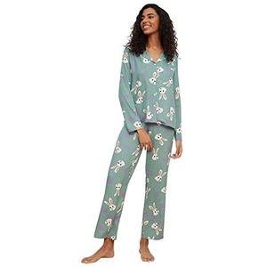 Trendyol Vrouwen Met Slogan Midden Geweven Shirt-Broek Pyjama Set, Veelkleurig, 64