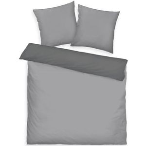 TOM TAILOR Beddengoed tweekleurige effen kleuren Moody Grey, 2 x 80 x 80 cm + 200 x 220 cm, 100% katoen/satijn, met dubbele naad op het kussen, omkeerbaar motief en gekleurde merkritssluiting