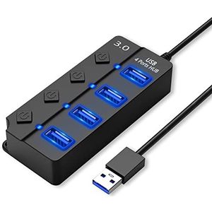 HORJOR USB-hub multi-poort met aparte schakelaar en led-indicatoren, 4 USB-poorten, stroomvoorziening met 1 USB 3.0 en 3 USB 2.0-poorten, voor snelle gegevensoverdracht en opladen