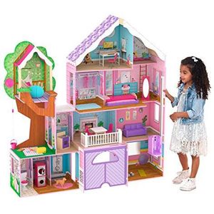 KidKraft Treehouse Retreat poppenhuis van hout met meubels en accessoires voor poppen van 30 cm, speelset met hond, stickers, boomhuis met lichtkettingen en garage, speelgoed voor kinderen vanaf 3